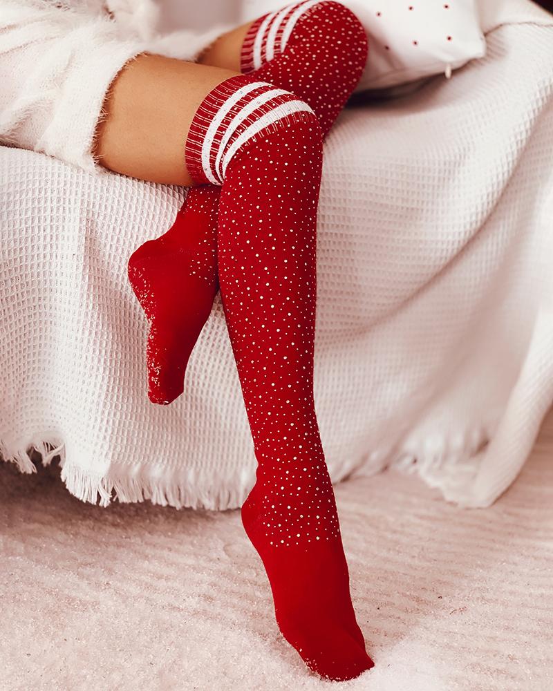 1Pair Christmas Striped Print Rhinestone Decor Long Socks