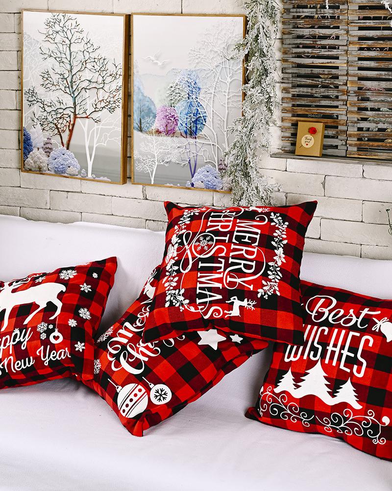 1pc Christmas Plaid Pillow Cover 18x18inch Farmhouse Pillow Cover Holiday Rustic Linen Pillow Case Sofa Couch Throw Christmas Decoration