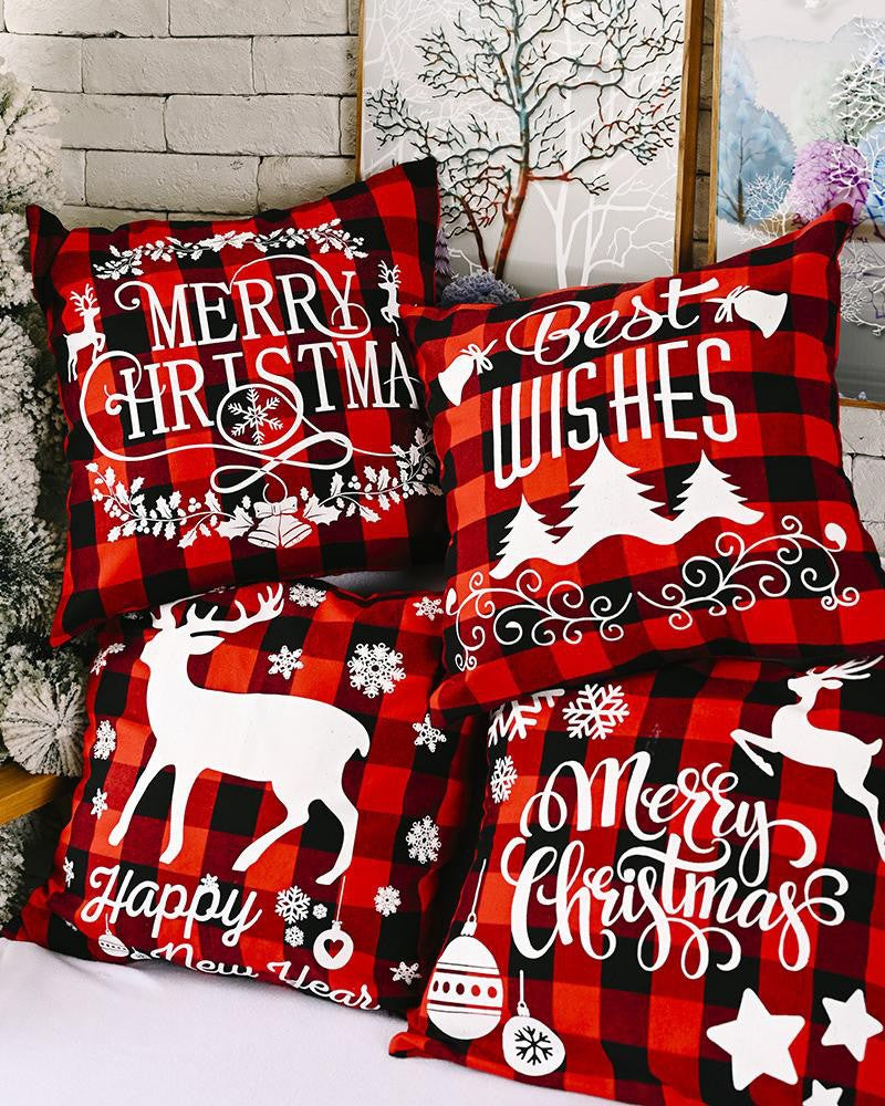 1pc Christmas Plaid Pillow Cover 18x18inch Farmhouse Pillow Cover Holiday Rustic Linen Pillow Case Sofa Couch Throw Christmas Decoration