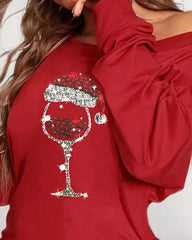 Vestido estilo sudadera fruncido con cordón y estampado de copas de vino navideñas