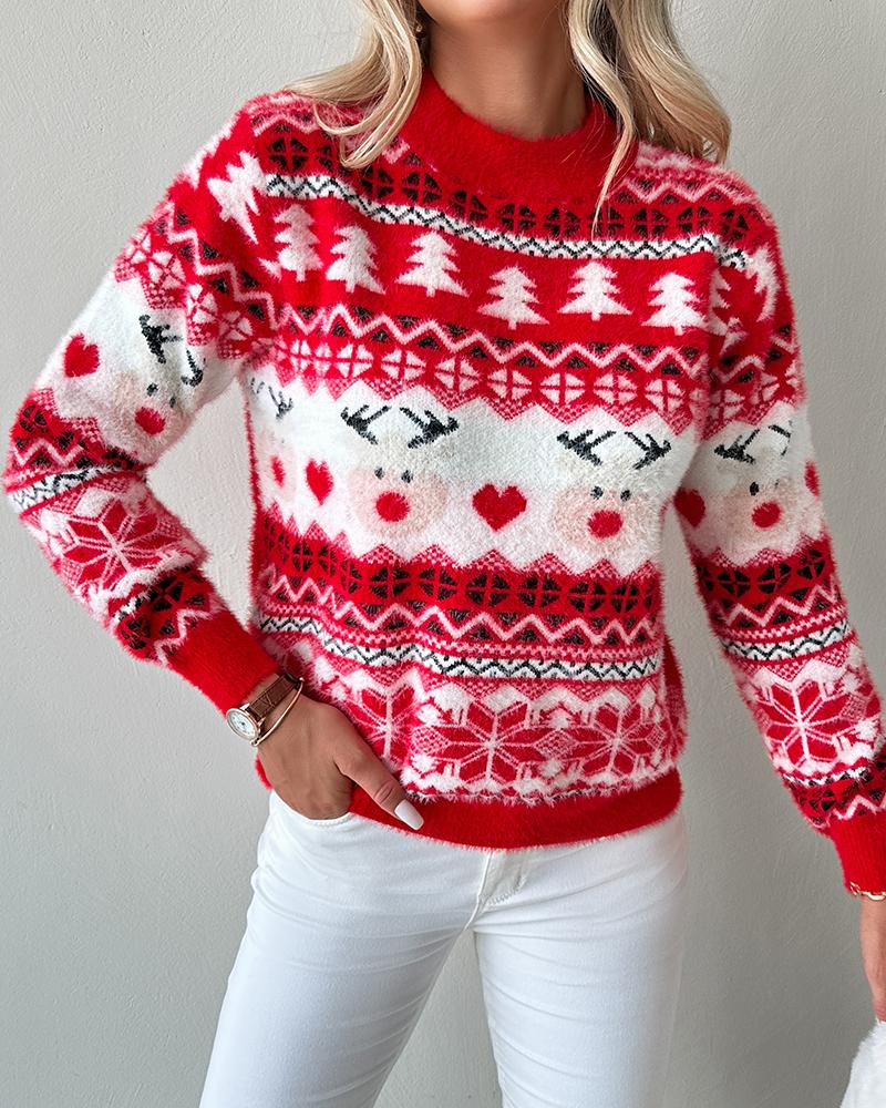 Weihnachtsbäume Rentier Herz Muster Strickpullover