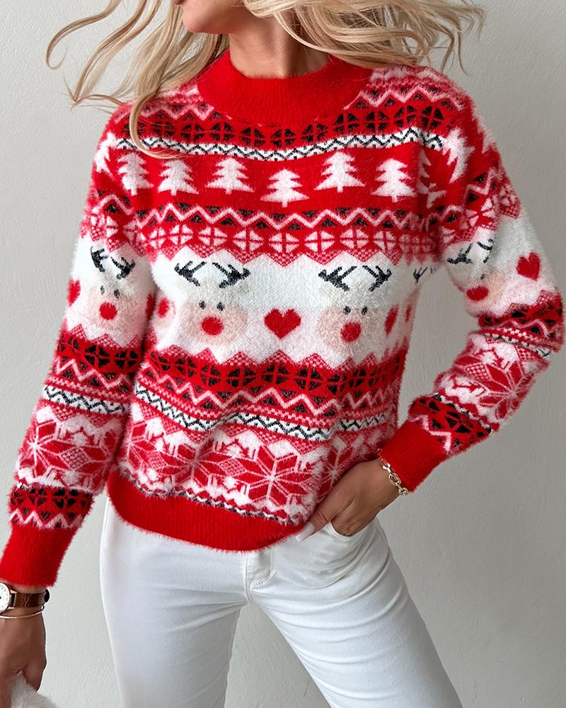 Christmas Trees Reindeer Heart Pattern Knit Sweater