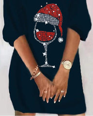 Christmas Wine Glass Print Casual Dress