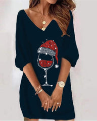 Christmas Wine Glass Print Casual Dress