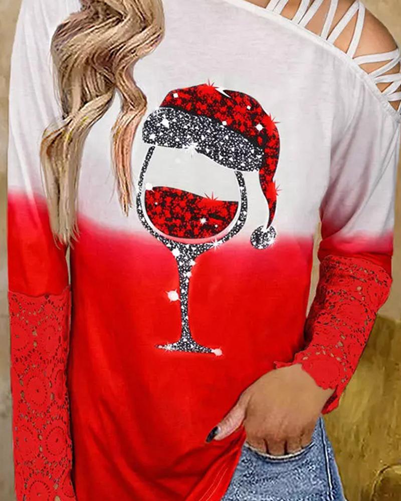 Christmas Wine Glass Print Contrast Lace Cold Shoulder Top