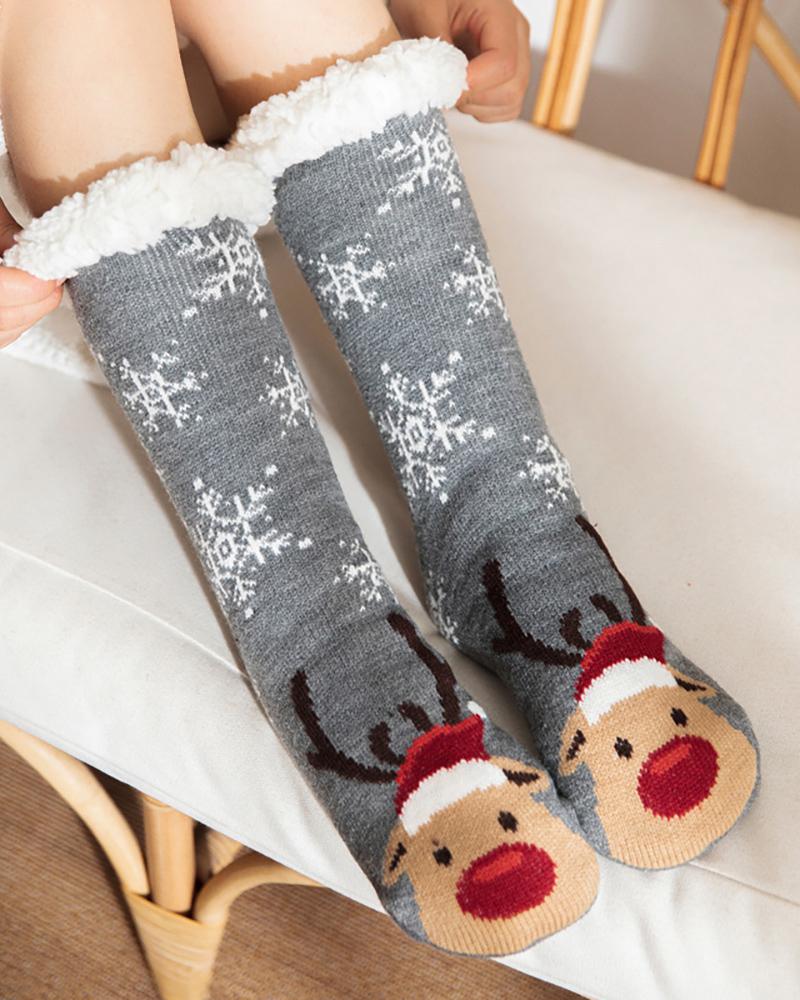 1 Paar gestrickte Thermosocken mit Weihnachtsmotiv und Rentier-Schneeflocke im Cartoon-Stil