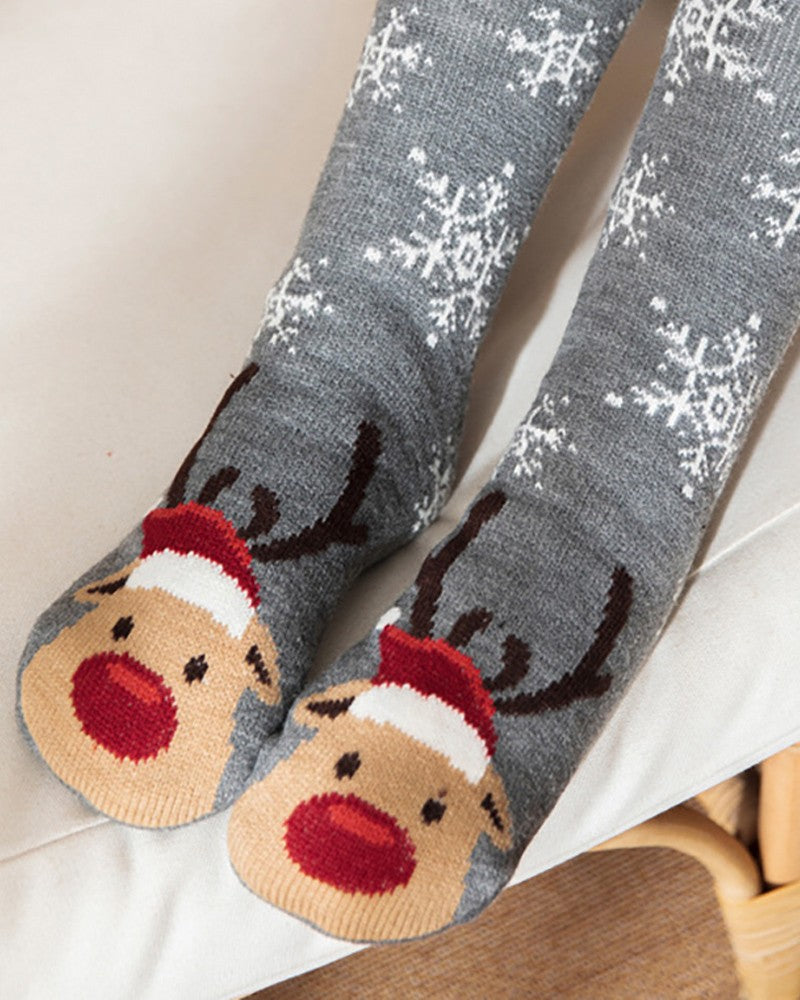 1 Paar gestrickte Thermosocken mit Weihnachtsmotiv und Rentier-Schneeflocke im Cartoon-Stil