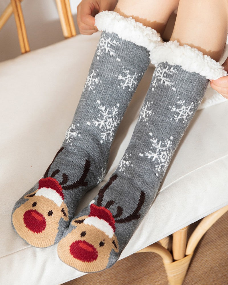 1Pair Christmas Reindeer Snowflake Cartoon Slogan Knit Thermal Socks