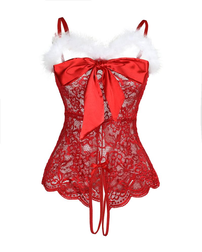 Christmas Bowknot Decor Fuzzy Trim Crotchless Lace Teddy