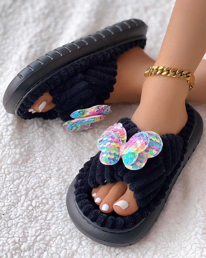 Pantuflas de invierno con tiras cruzadas y estampado de mariposas