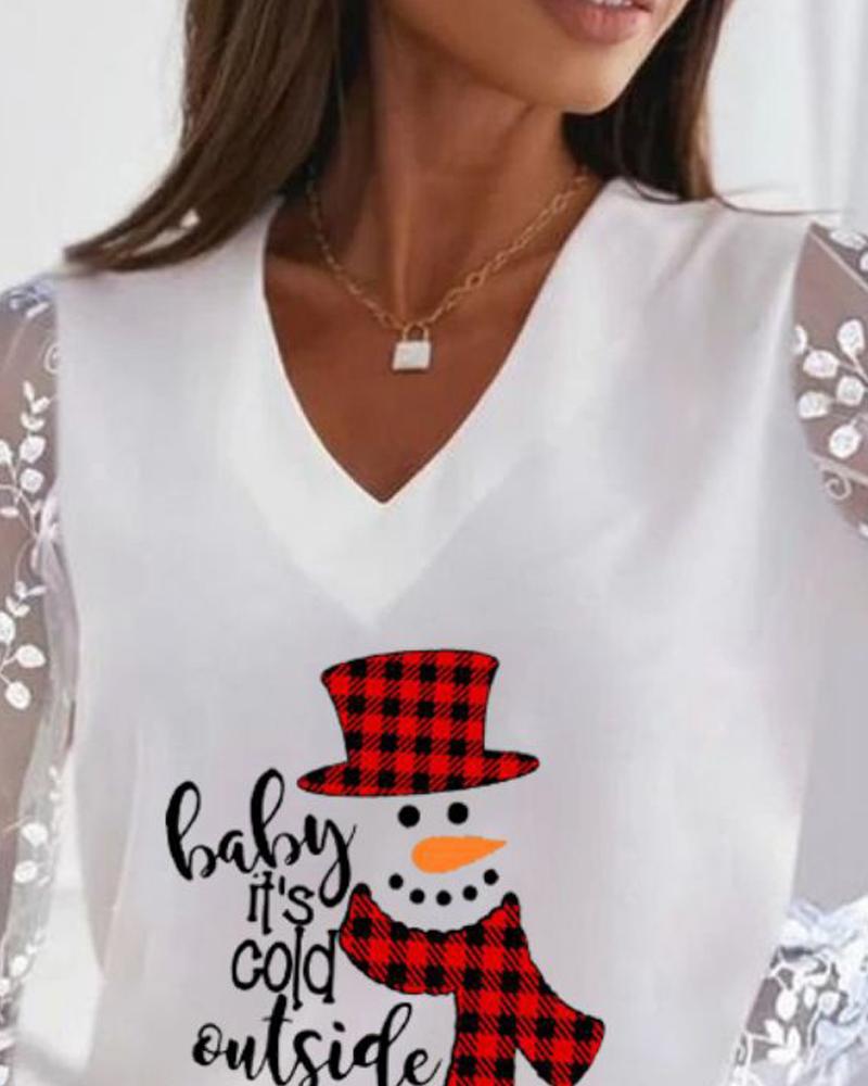 Christmas Snowman Print Contrast Lace Long Sleeve Top