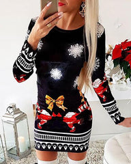 Vestido navideño de manga larga con estampado mixto