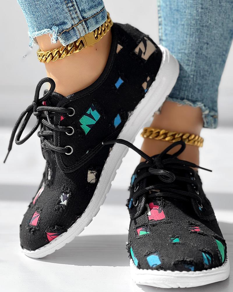 Christmas Lace up Patchwork Ripped Sneakers