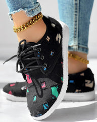 Christmas Lace up Patchwork Ripped Sneakers