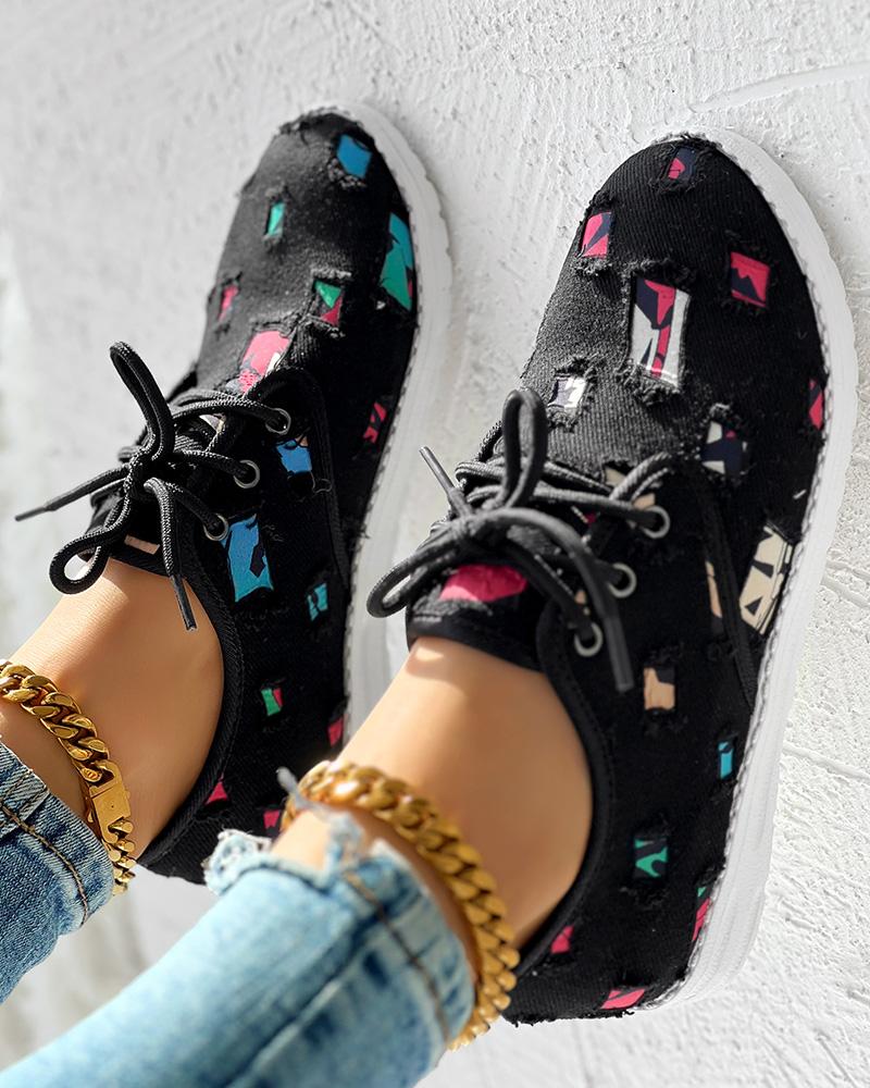 Christmas Lace up Patchwork Ripped Sneakers