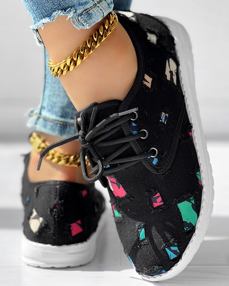 Christmas Lace up Patchwork Ripped Sneakers