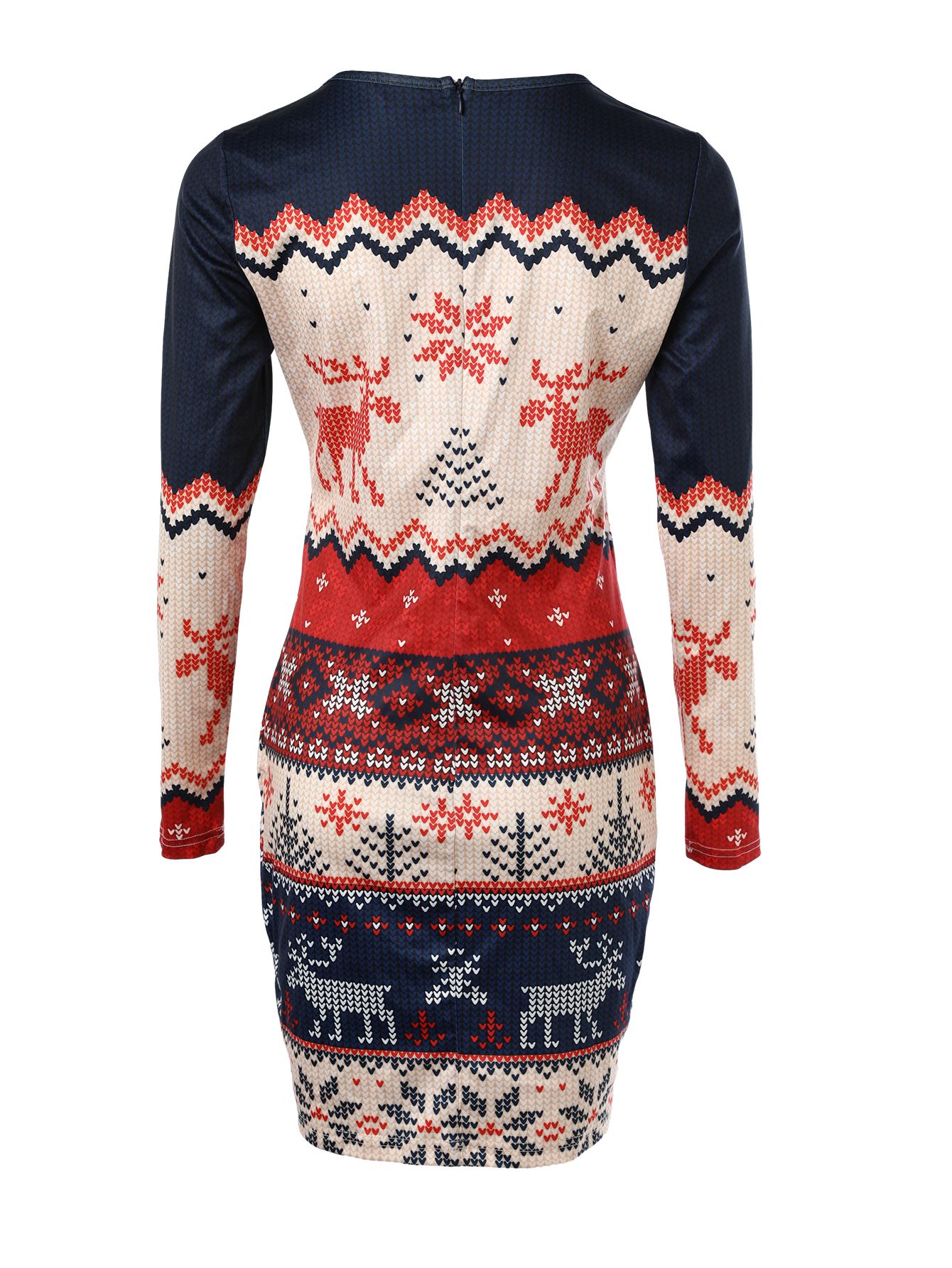 Weihnachts-Schneeflocken-Elch-Print Rundhalsausschnitt Bodycon-Kleid Slim Fit Langarm-Minikleid