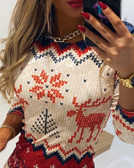 Christmas Snowflake Elk Print Crewneck Bodycon Dress Slim Fit Long Sleeve Mini Dress