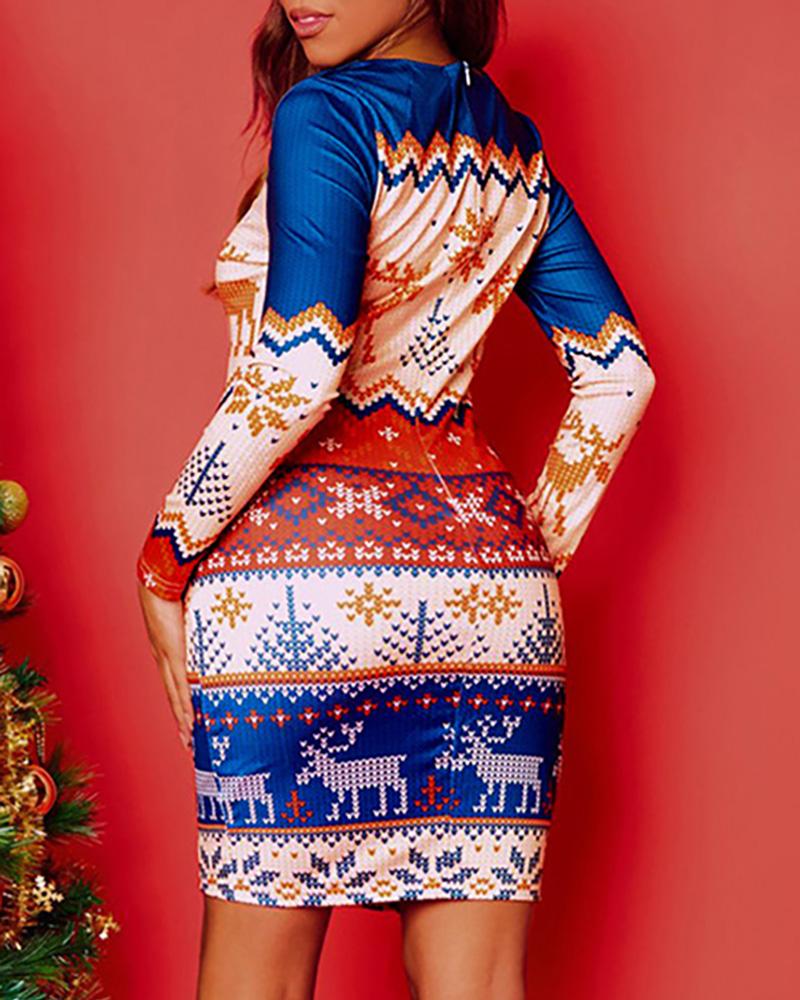 Vestido ajustado de manga larga con estampado navideño