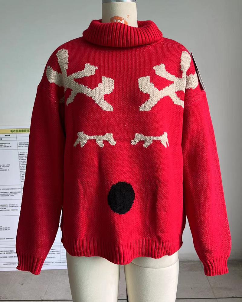 Rollkragenpullover mit weihnachtlichem Rentiermuster