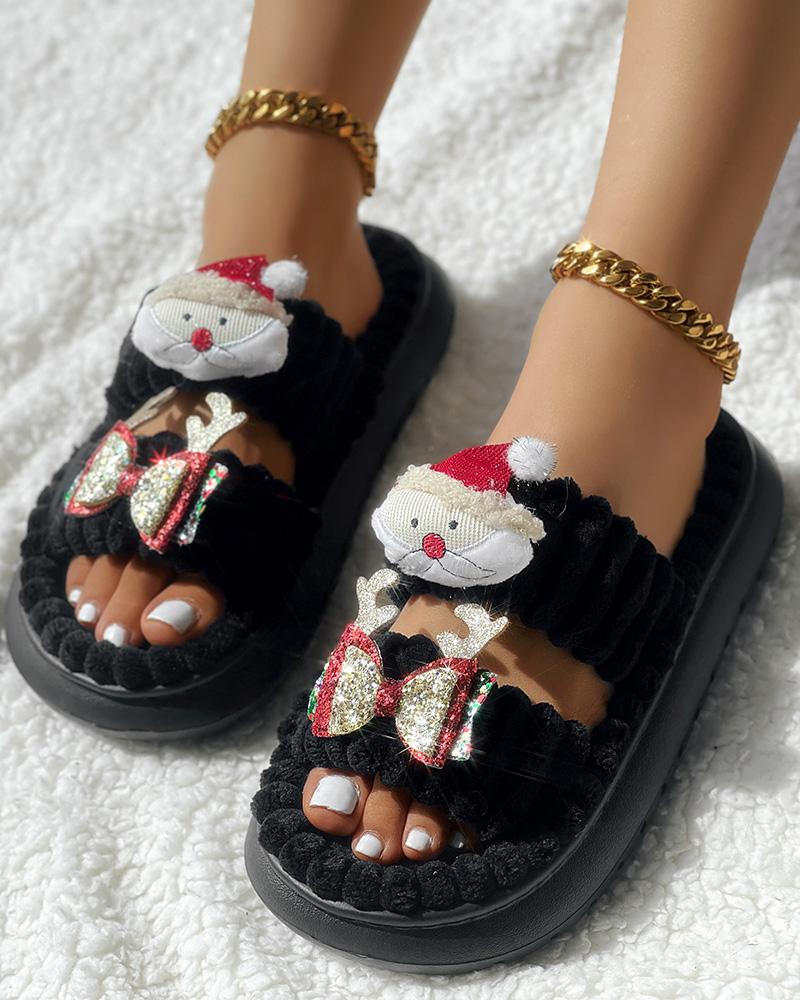 Christmas Cartoon Santa Claus Pattern Double Strap Fuzzy Winter Slippers