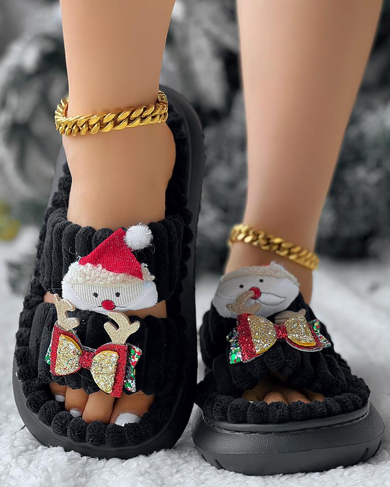 Christmas Cartoon Santa Claus Pattern Double Strap Fuzzy Winter Slippers