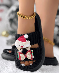 Christmas Cartoon Santa Claus Pattern Double Strap Fuzzy Winter Slippers