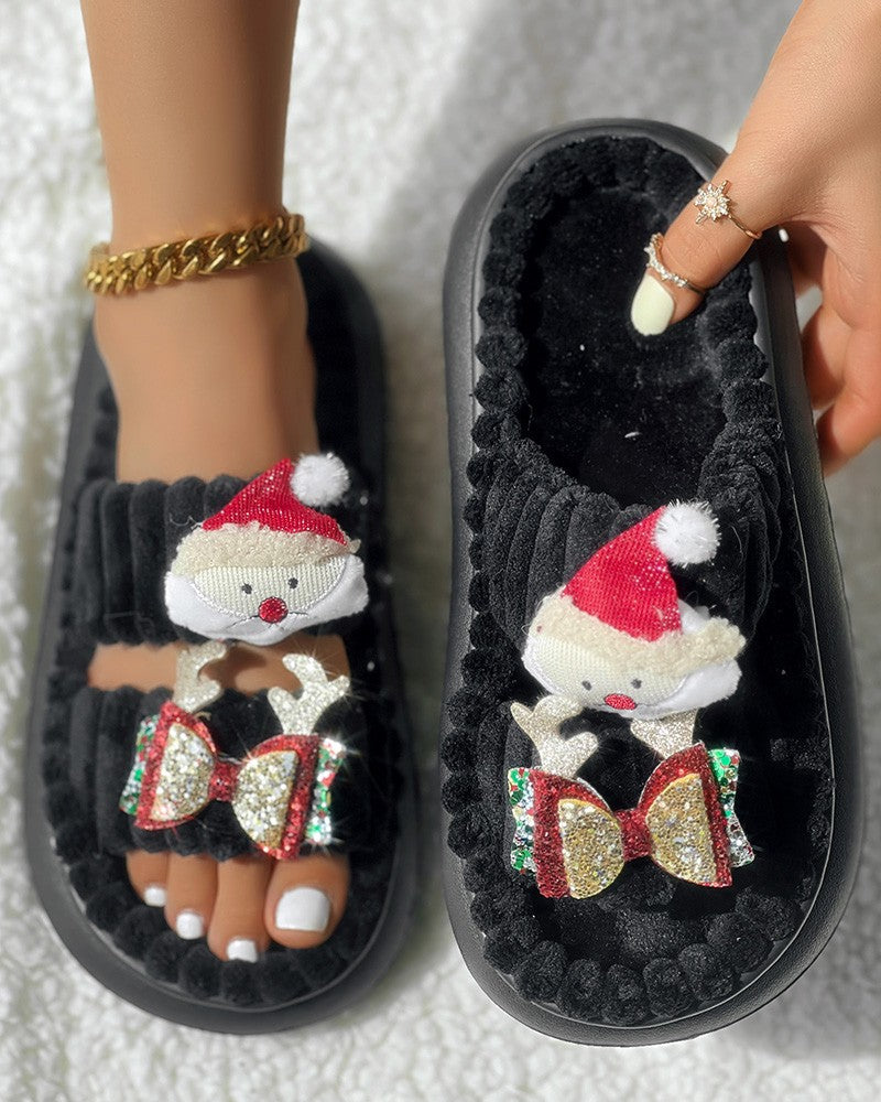 Christmas Cartoon Santa Claus Pattern Double Strap Fuzzy Winter Slippers