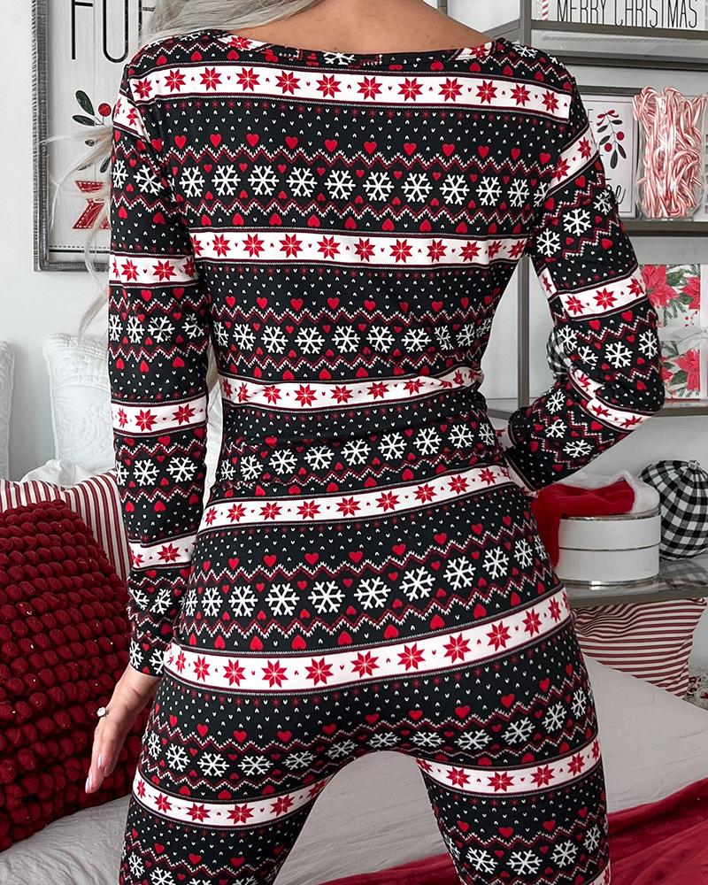 Snowflake Fair Isle Print Notch Neck Sleep Onesie