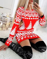 Christmas Fair Isle Pattern Print Long Sleeve Bodycon Dress