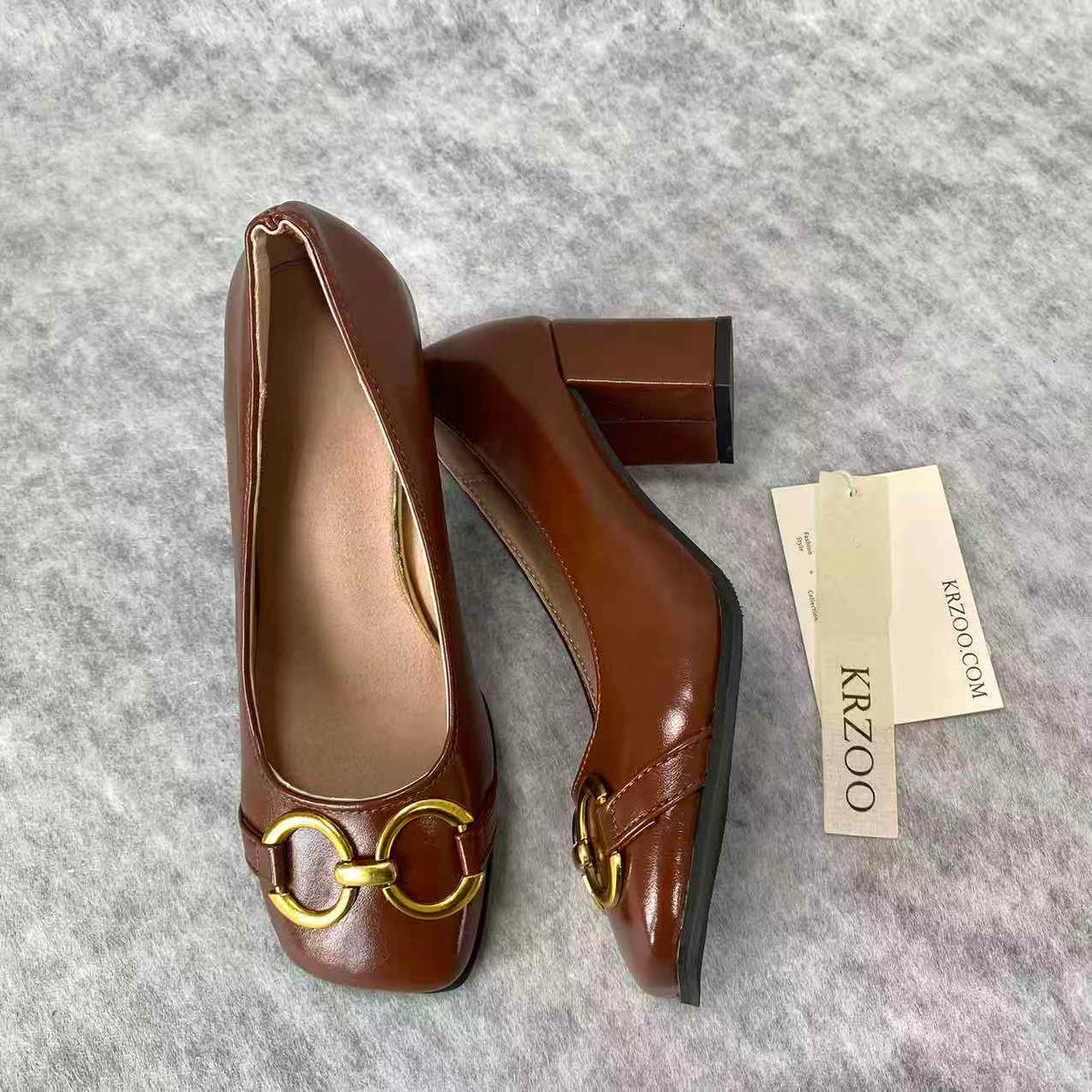 Metal buckle square-toe high-heeled shoes