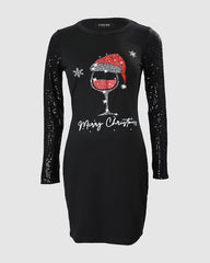 Christmas Wine Glass Print Contrast Sequin Bodycon Dress