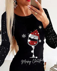 Christmas Wine Glass Print Contrast Sequin Bodycon Dress