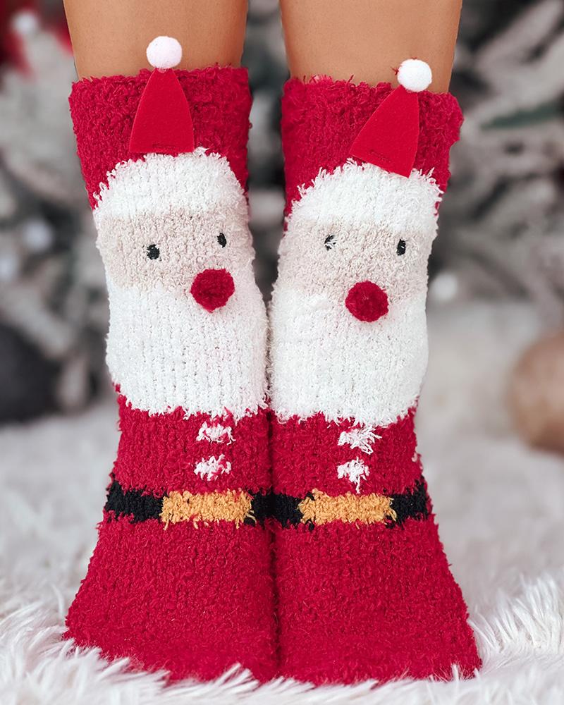 1 par de calcetines térmicos peludos con estampado navideño de copos de nieve, alces y muñecos de nieve