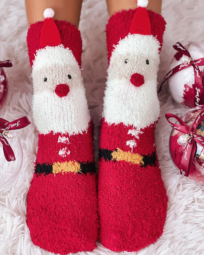 1 par de calcetines térmicos peludos con estampado navideño de copos de nieve, alces y muñecos de nieve