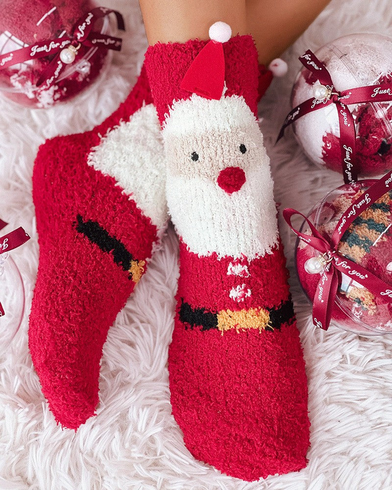 1 par de calcetines térmicos peludos con estampado navideño de copos de nieve, alces y muñecos de nieve