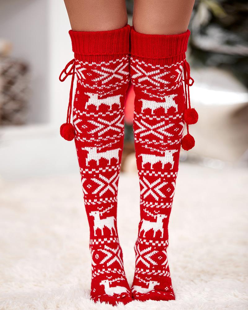 1 par de calcetines navideños hasta la rodilla con pompones y copos de nieve