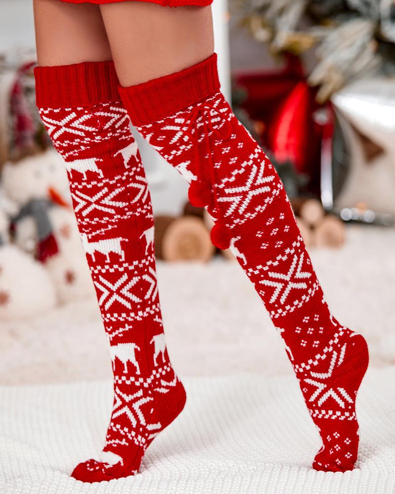 1Pair Christmas Snowflake Pom Pom Knee Length Socks