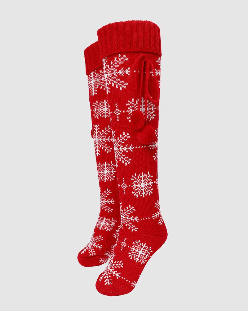 1 par de calcetines navideños hasta la rodilla con pompones y copos de nieve