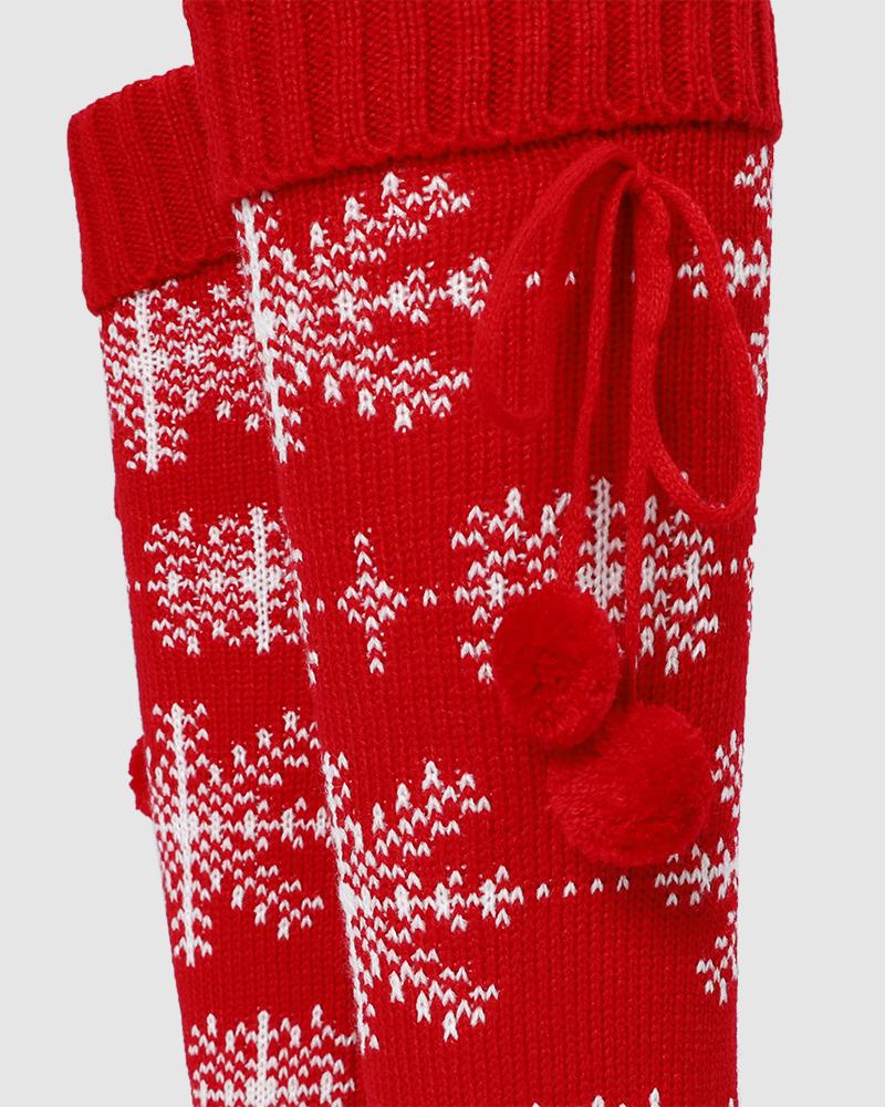 1 par de calcetines navideños hasta la rodilla con pompones y copos de nieve