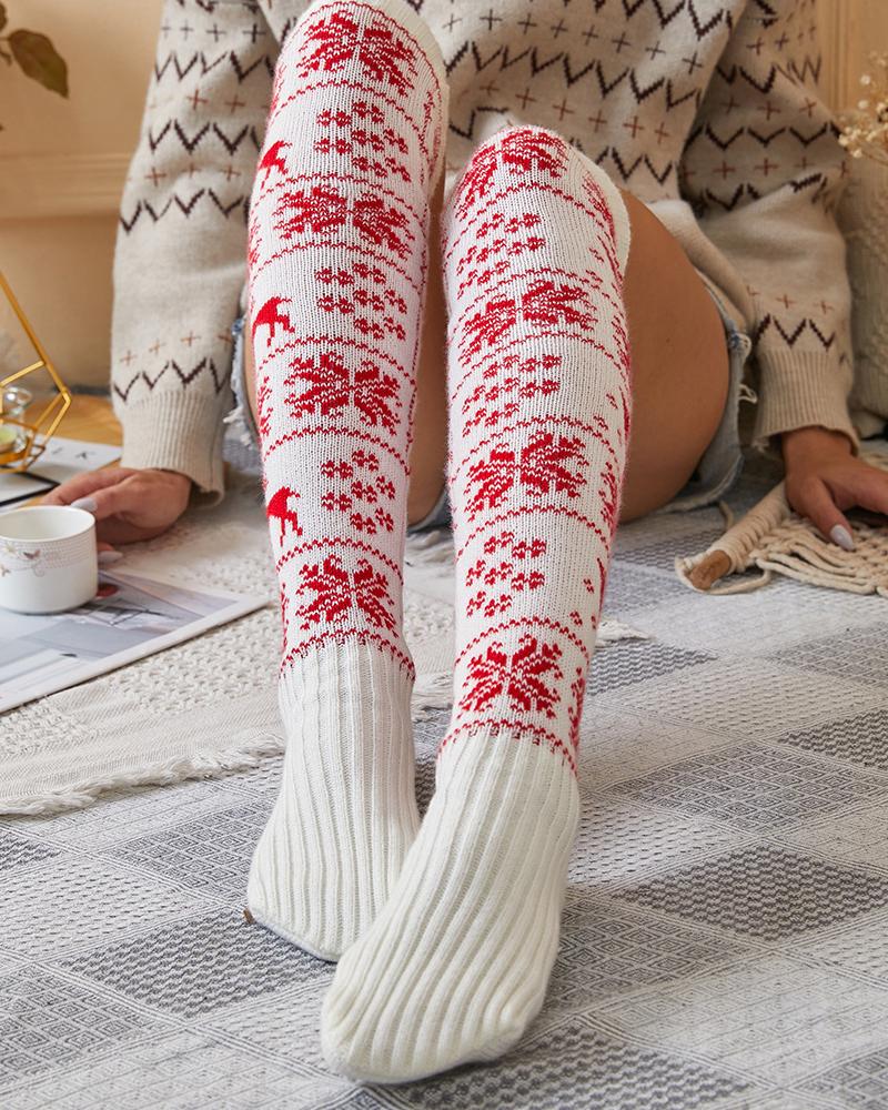 1 par de calcetines navideños de punto con estampado de alce y copos de nieve hasta la rodilla