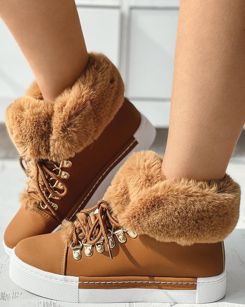 Lace up Fuzzy Detail Lined Ankle Boots