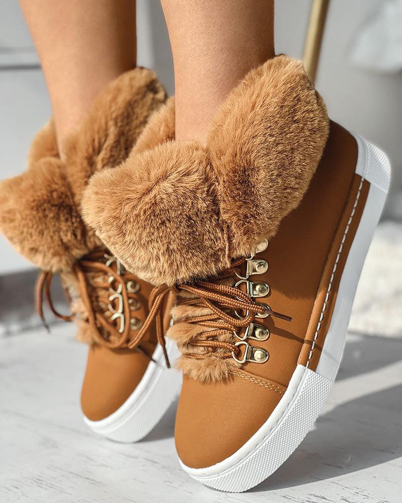 Lace up Fuzzy Detail Lined Ankle Boots