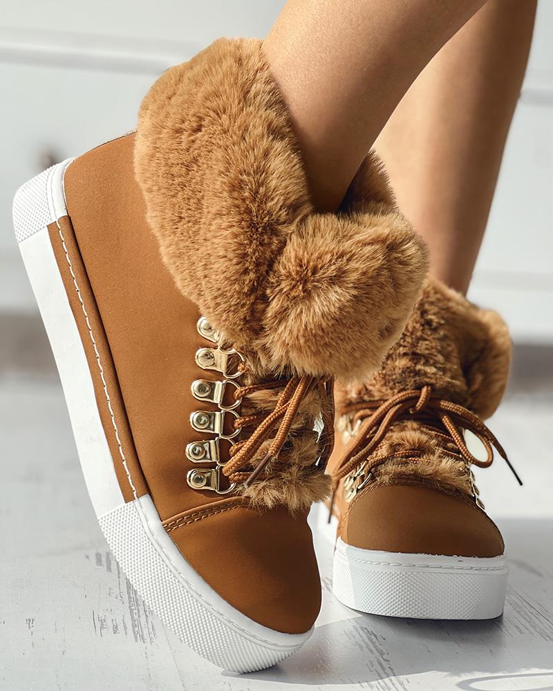 Lace up Fuzzy Detail Lined Ankle Boots