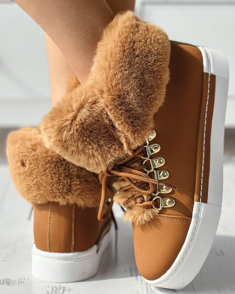 Lace up Fuzzy Detail Lined Ankle Boots