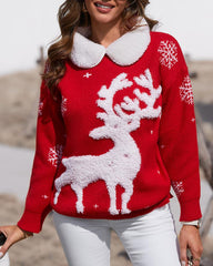 Christmas Reindeer Snowflake Pattern Colorblock Knit Sweater