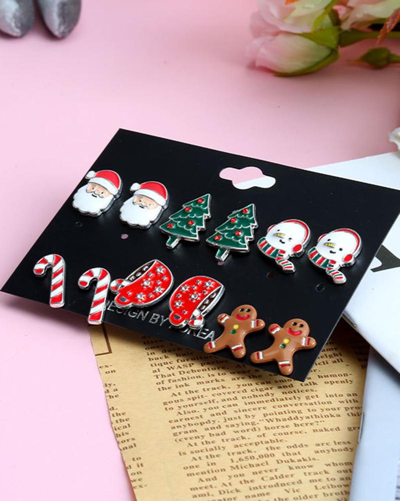 6Pairs Christmas Santa Claus Gingerbread Man Shaped Stud Earrings Set