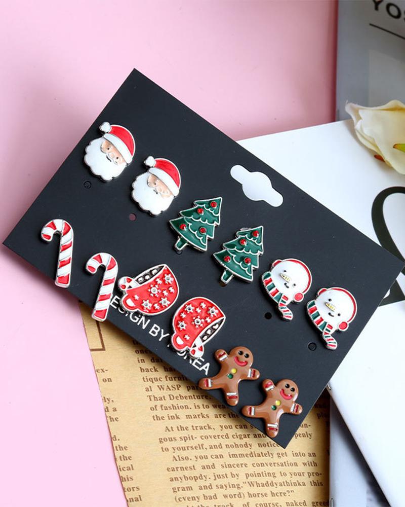 6Pairs Christmas Santa Claus Gingerbread Man Shaped Stud Earrings Set