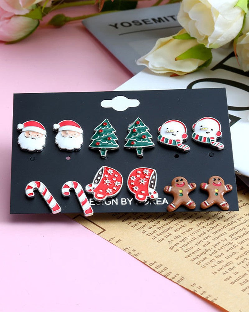 6Pairs Christmas Santa Claus Gingerbread Man Shaped Stud Earrings Set