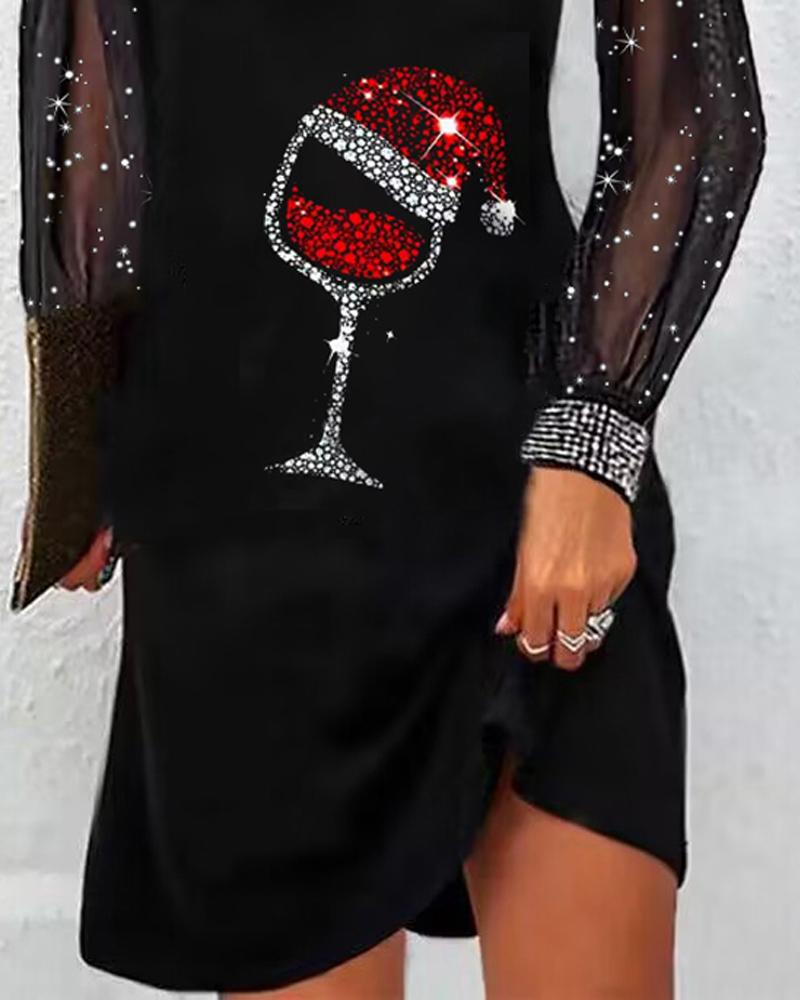 Christmas Wine Glass Print Contrast Mesh Casual Dress